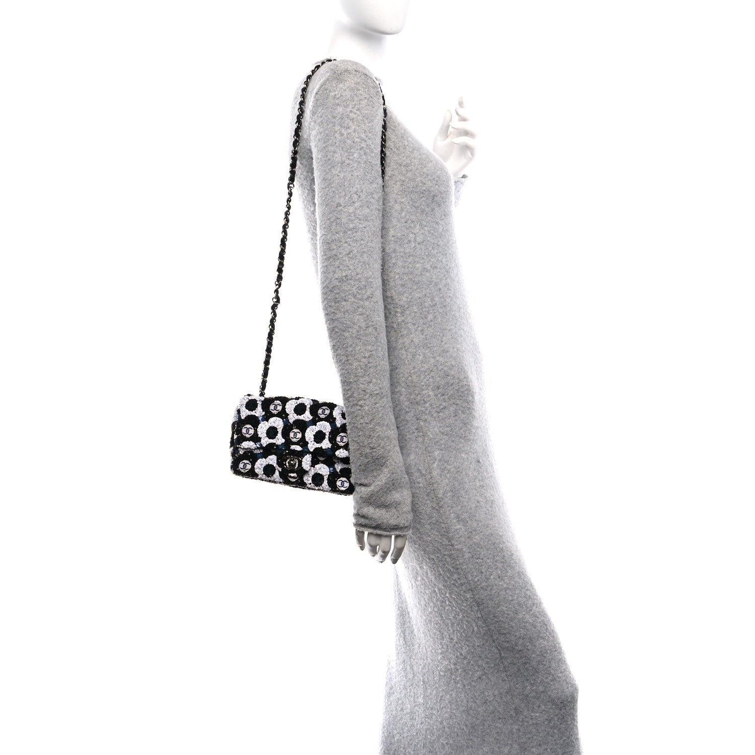 Chanel Satin Sequin Embellished Flower Mini Rectangular Flap Black White Blue 2 of 10
