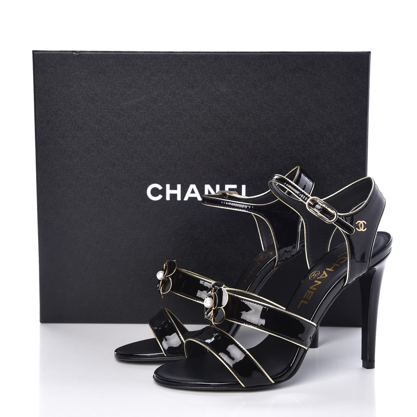 Patent Goatskin Camellia CC Sandals 36 Black Gold