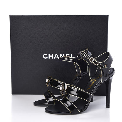 Chanel Patent Goatskin Camellia CC Sandals 36 Black Gold 9 of 9