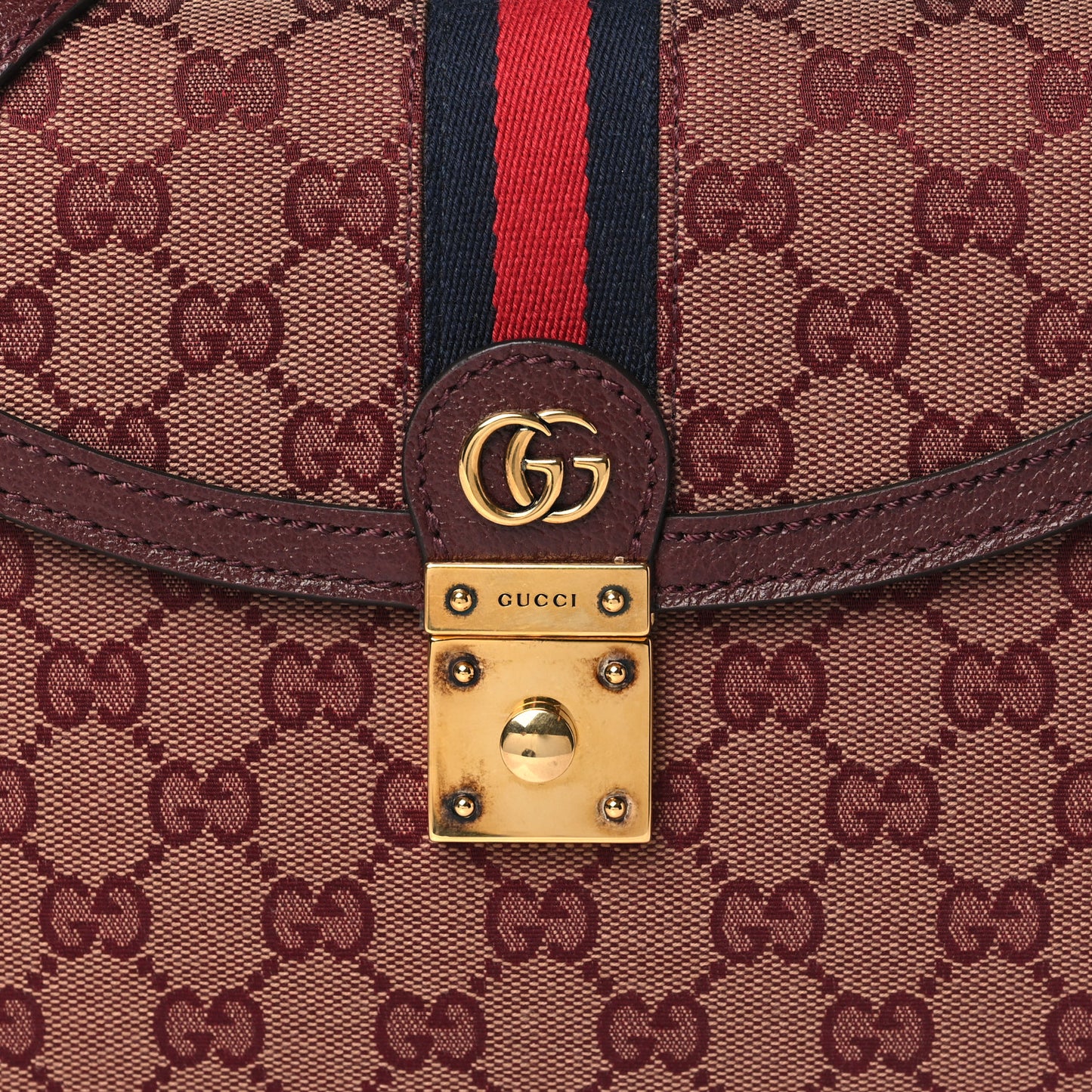 GG Supreme Monogram Textured Dollar Calfskin Web Small Ophidia Padlock Top Handle Bag Bordeaux