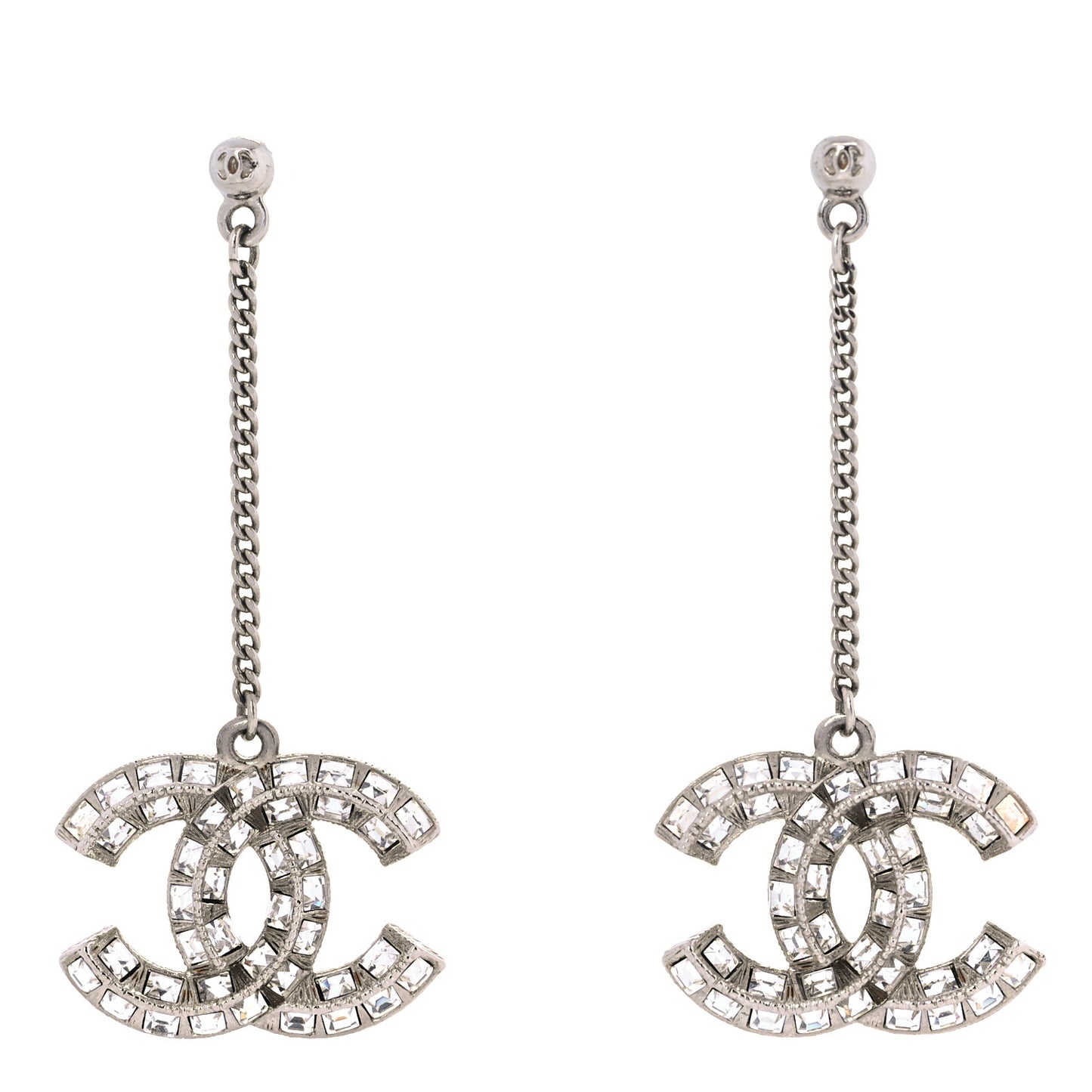 Baguette Crystal CC Drop Earrings Silver