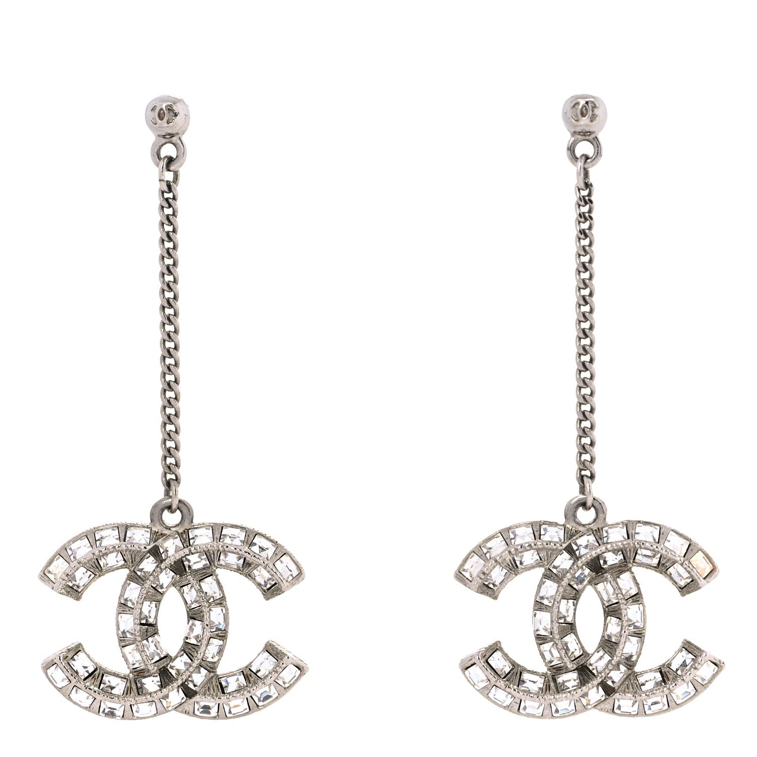 Chanel Baguette Crystal CC Drop Earrings Silver 1 of 5