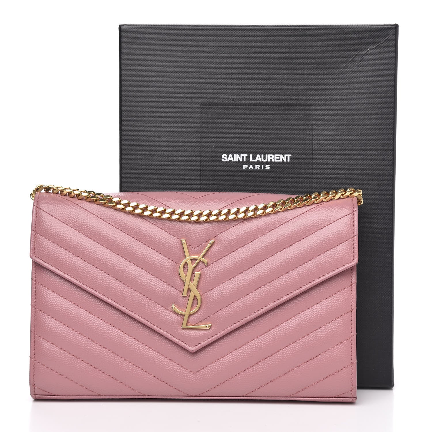 Saint Laurent Grain De Poudre Matelasse Chevron Monogram Chain Wallet Dark Rose 12 of 12