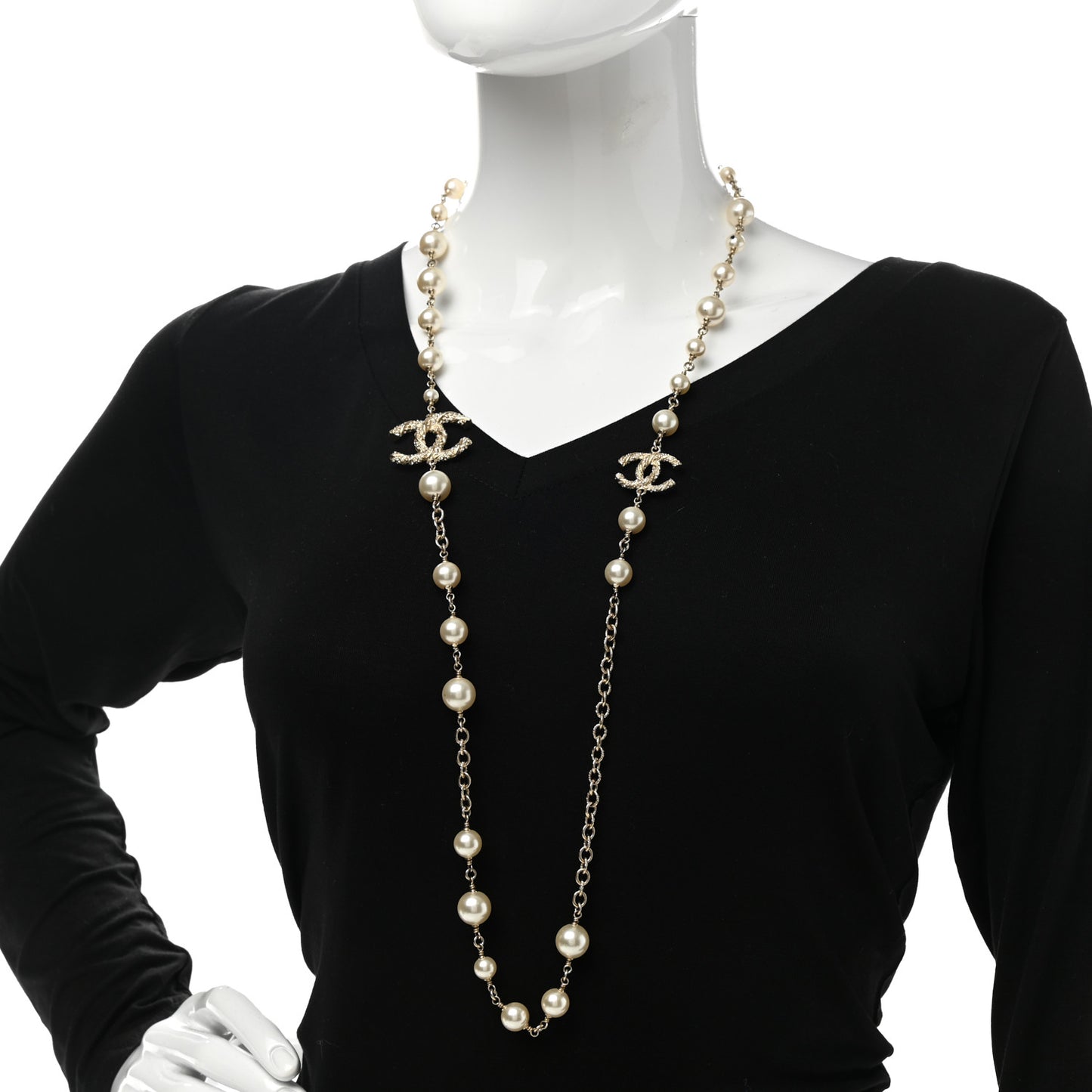 Graduated Pearl Crystal Twisted CC Long Necklace Gold