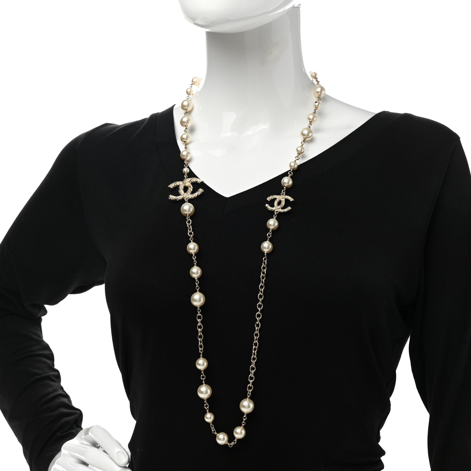 Chanel Graduated Pearl Crystal Twisted CC Long Necklace Gold 2 of 7