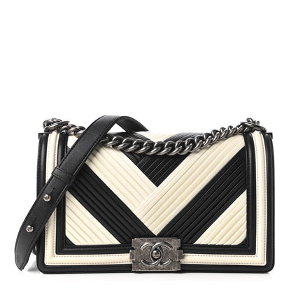 Chanel Calfskin Pleated Medium Boy In Rome Flap Black White 1 of 11