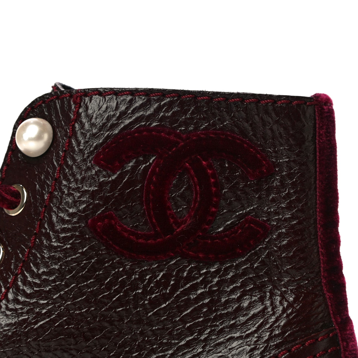 Calfskin Velvet Pearl Combat Short Boots 38 Burgundy