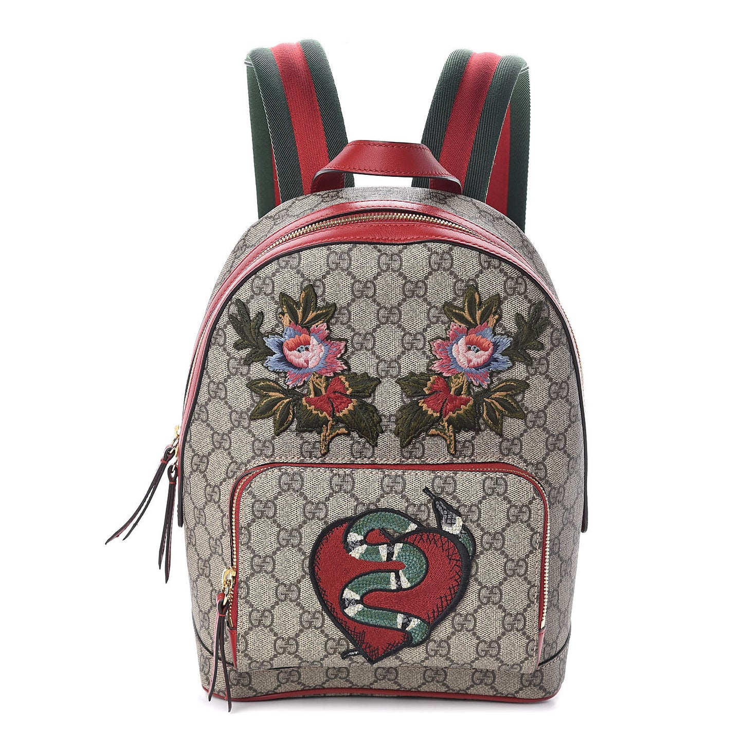 GG Supreme Monogram Web Kingsnake Heart Embroidered Small Day Backpack Red