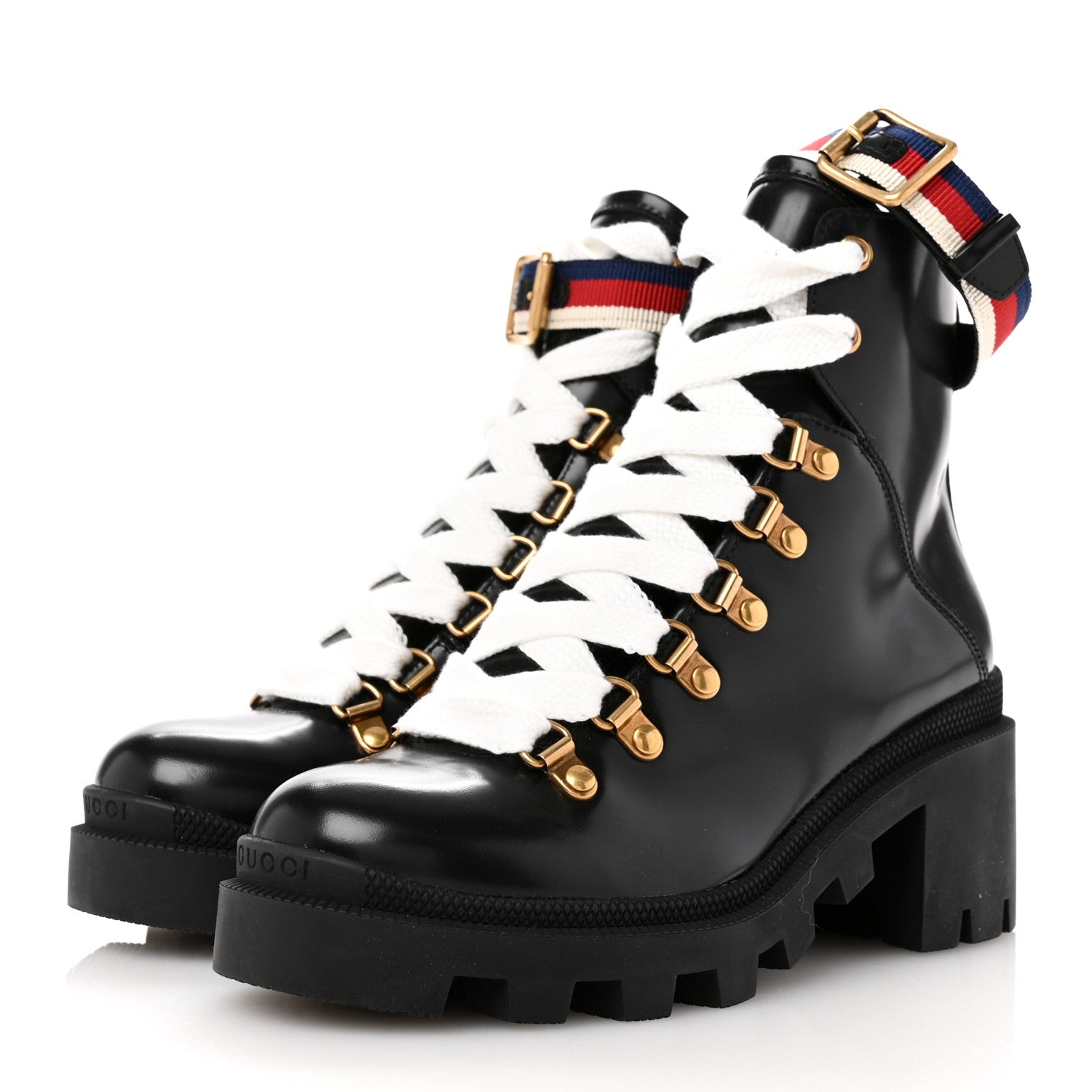 Gucci Calfskin Sylvie Web Womens Lace Up Combat Boots 35 Black 4 of 10