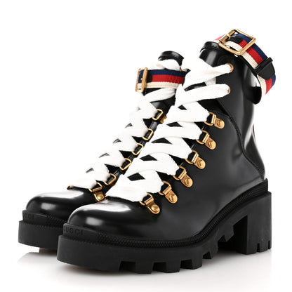 Gucci Calfskin Sylvie Web Womens Lace Up Combat Boots 35 Black 4 of 10