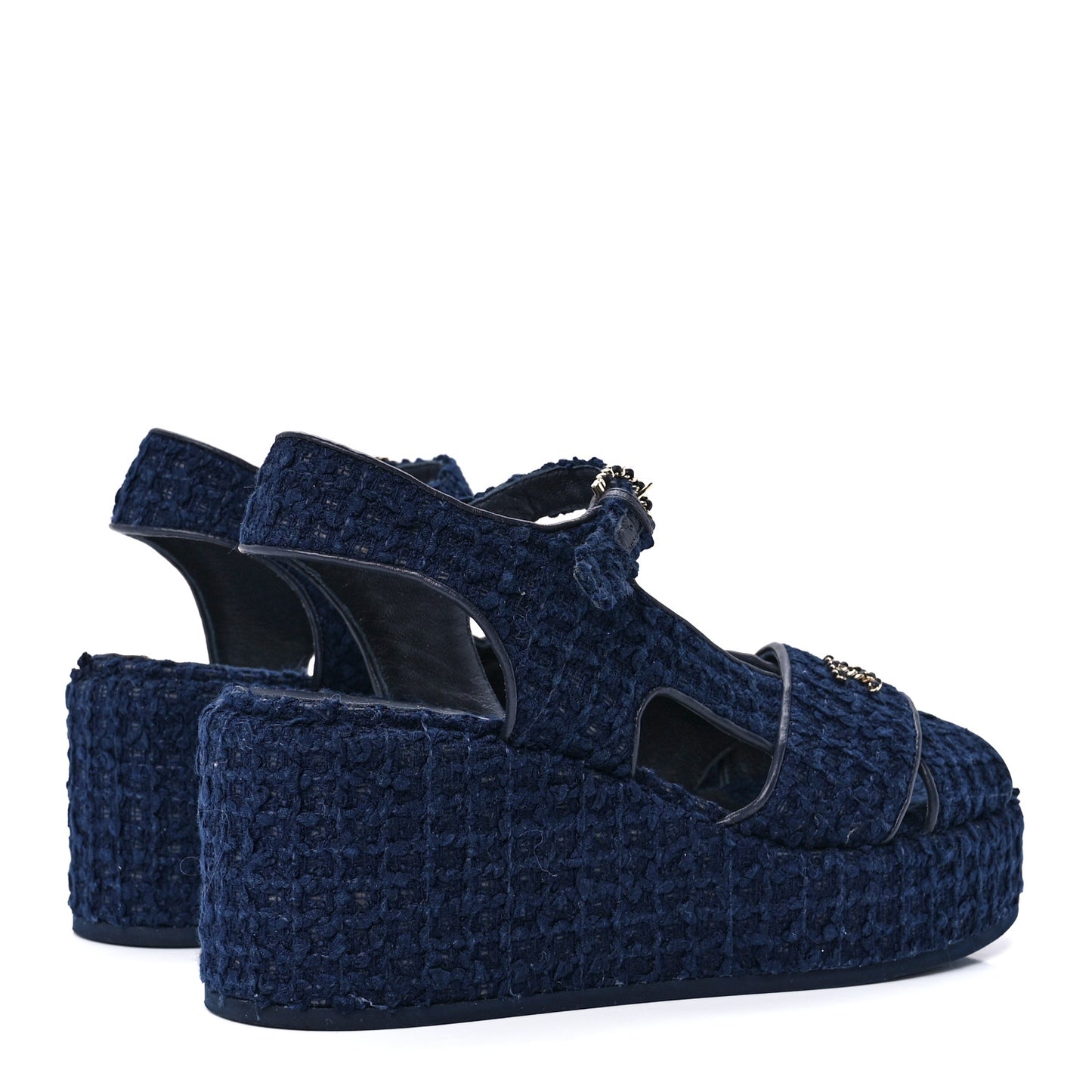 Silk Linen Tweed Quilted CC Platform Sandals 37 Navy Blue Gray