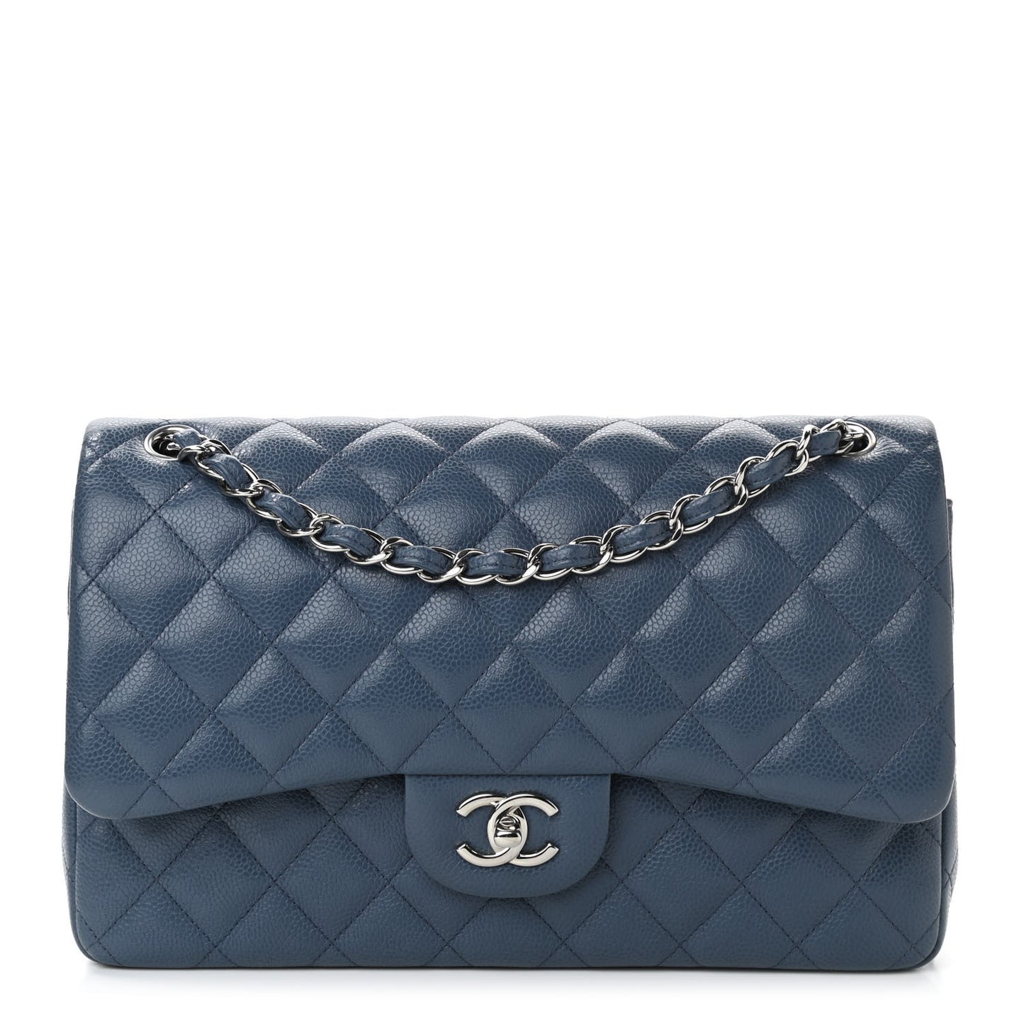Caviar Quilted Jumbo Double Flap Navy Blue
