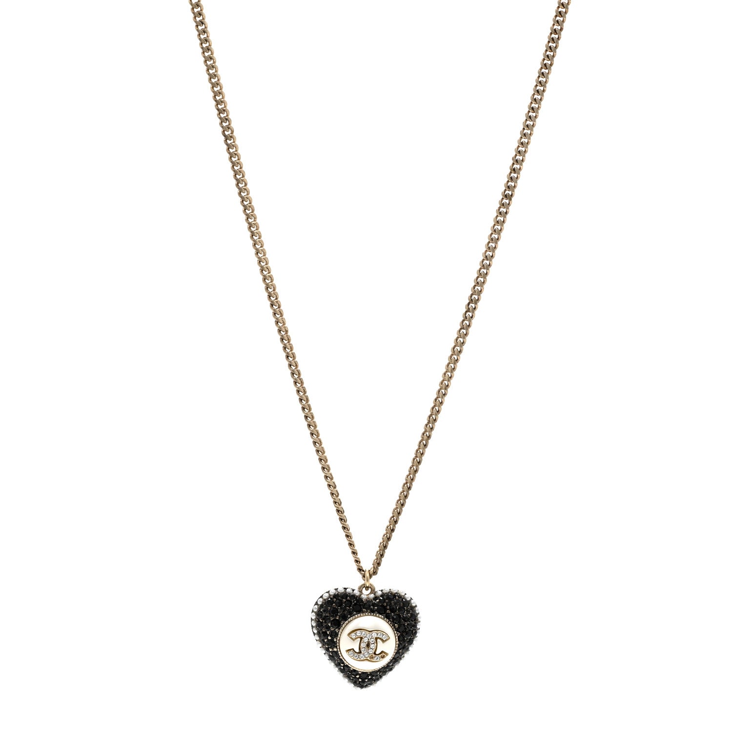 Chanel Pearl Crystal CC Heart Necklace Gold Pearly White Black 1 of 5