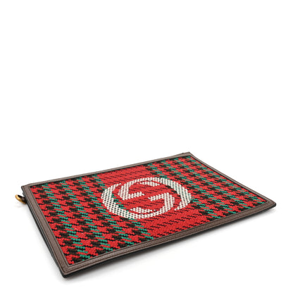 Gucci Wool Textured Calfskin Houndstooth Woven Zip Wristlet Pouch Red Green Ivory Multicolor New Acero 4 of 9