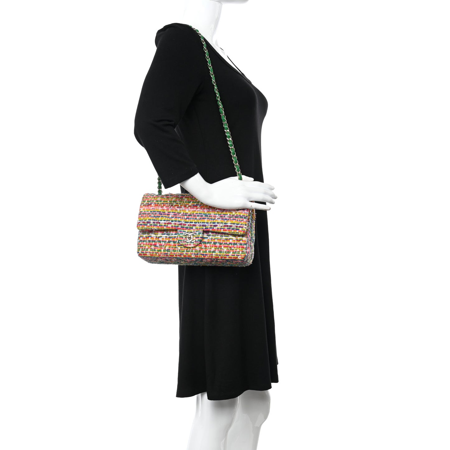 Tweed Quilted Medium Double Flap Green Multicolor