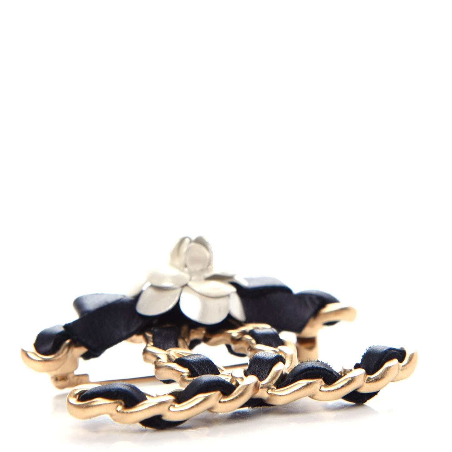 Metal Calfskin Chain 90's Camellia Brooch Black Gold