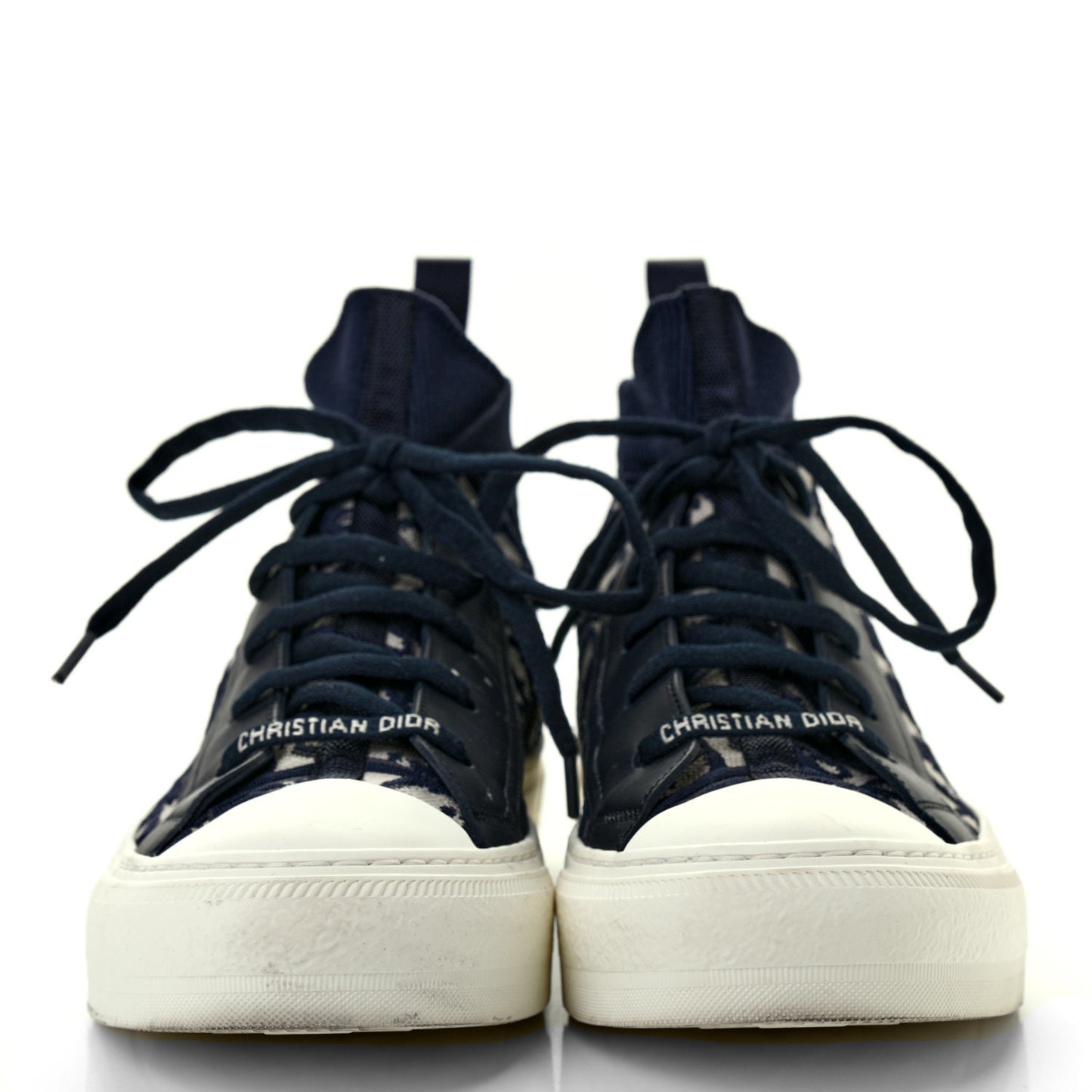 Technical Knit Calfskin Oblique Womens Walk'n Dior Mid Top Sneakers 38.5 Deep Blue