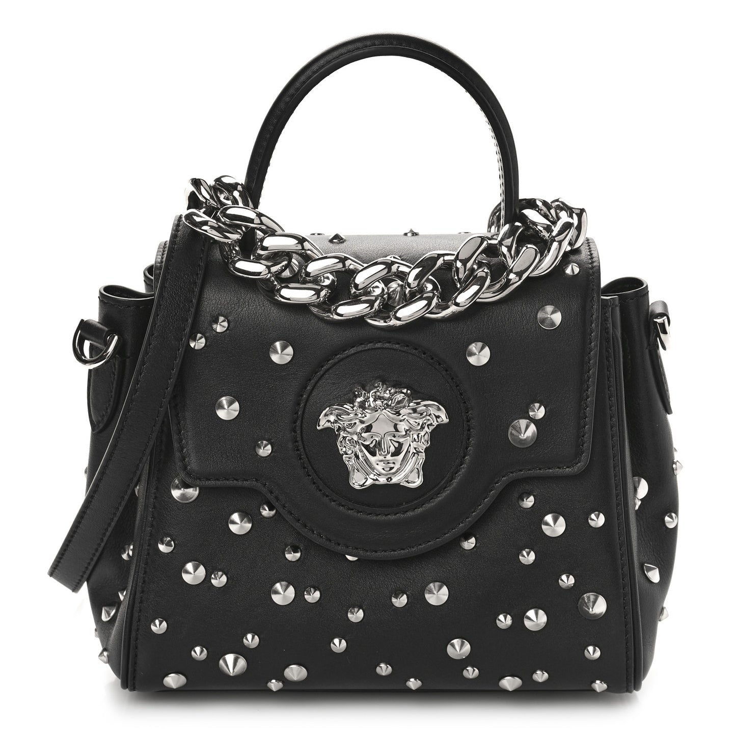 Grained Calfskin Spiked Small La Medusa Top Handle Bag Black