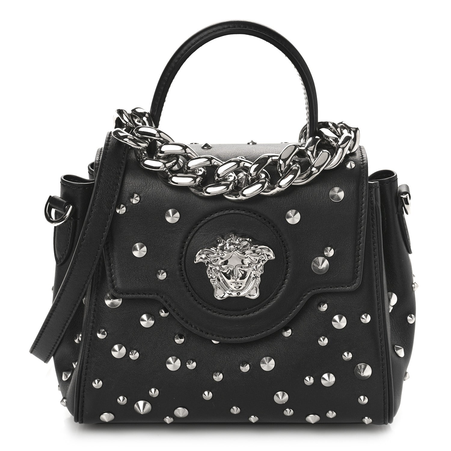 Versace Grained Calfskin Spiked Small La Medusa Top Handle Bag Black 1 of 8
