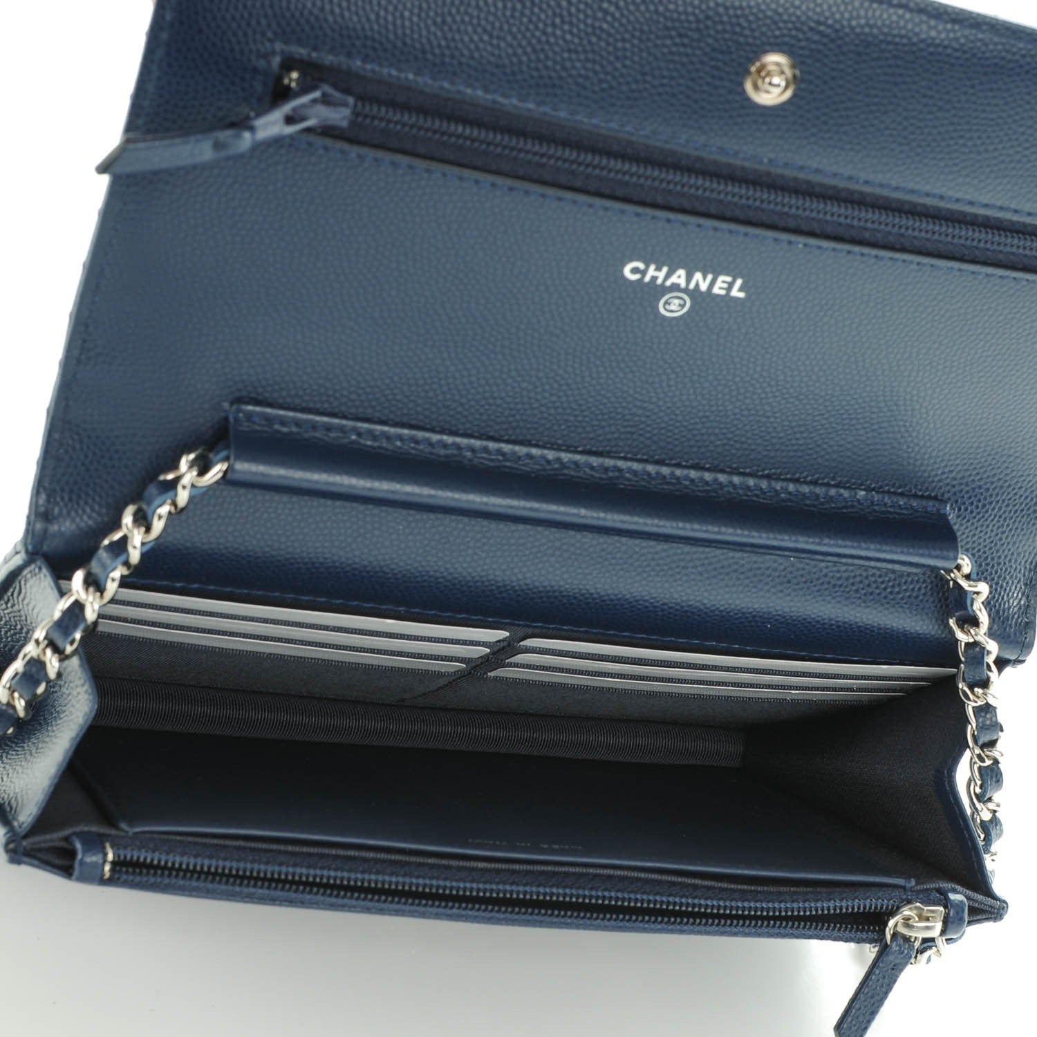 Chanel Caviar Chevron Quilted Wallet On Chain WOC Navy Blue 5 of 8