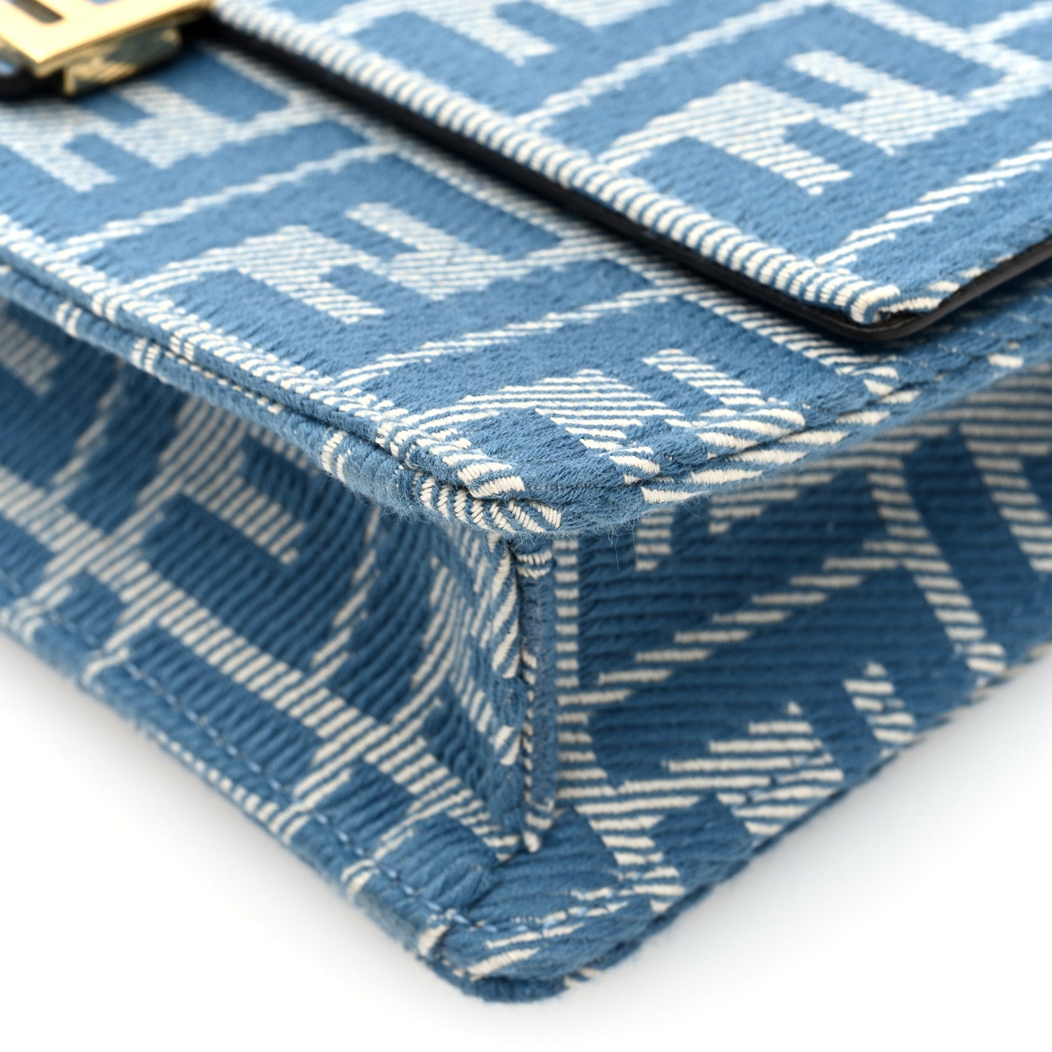 Fendi Denim Effect Fabric Jacquard FF 1974 Wallet On Chain Baguette Blue White 9 of 9