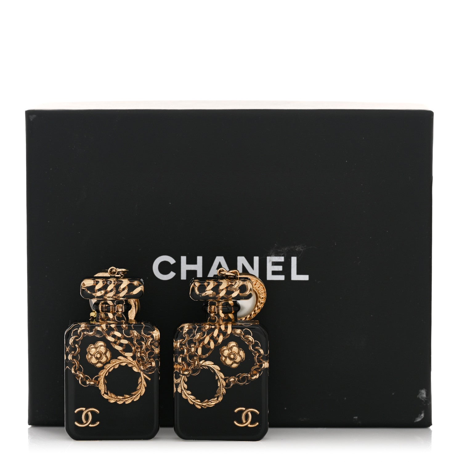 Chanel Pearl CC Perfume Bottle Drop Earrings Black Gold 5 of 5