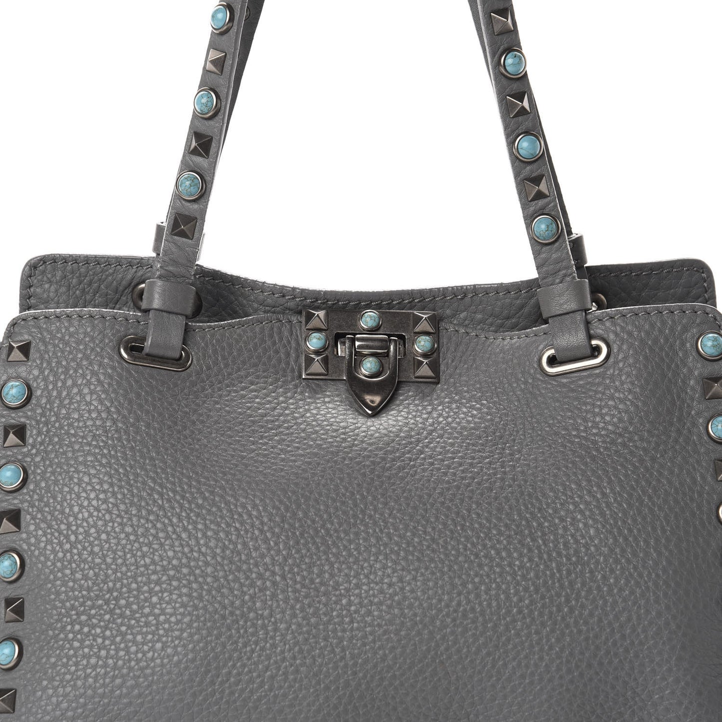 Grained Calfskin Turquoise Small Rockstud Rolling Tote Light Stone