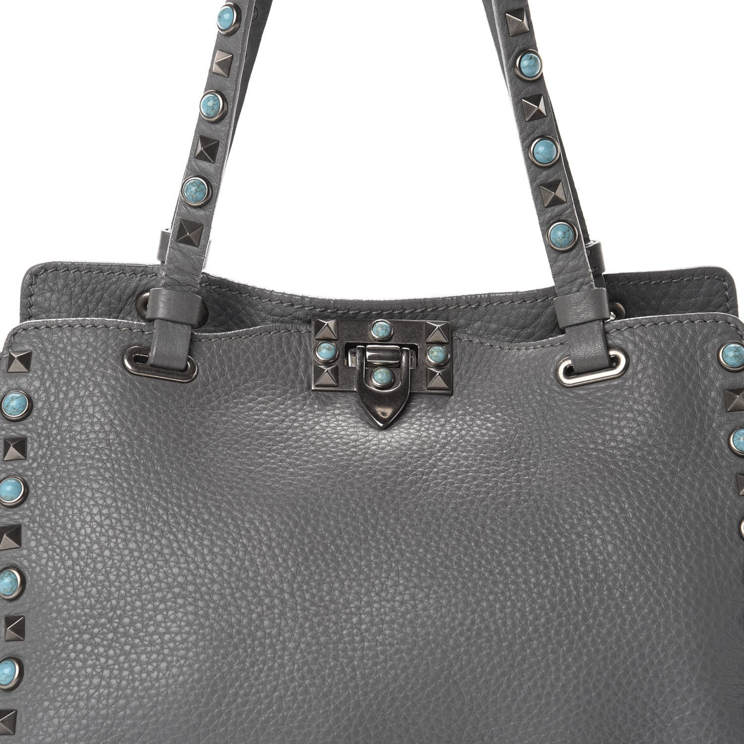 Valentino Garavani Grained Calfskin Turquoise Small Rockstud Rolling Tote Light Stone 13 of 14