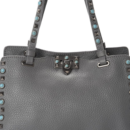 Valentino Garavani Grained Calfskin Turquoise Small Rockstud Rolling Tote Light Stone 13 of 14