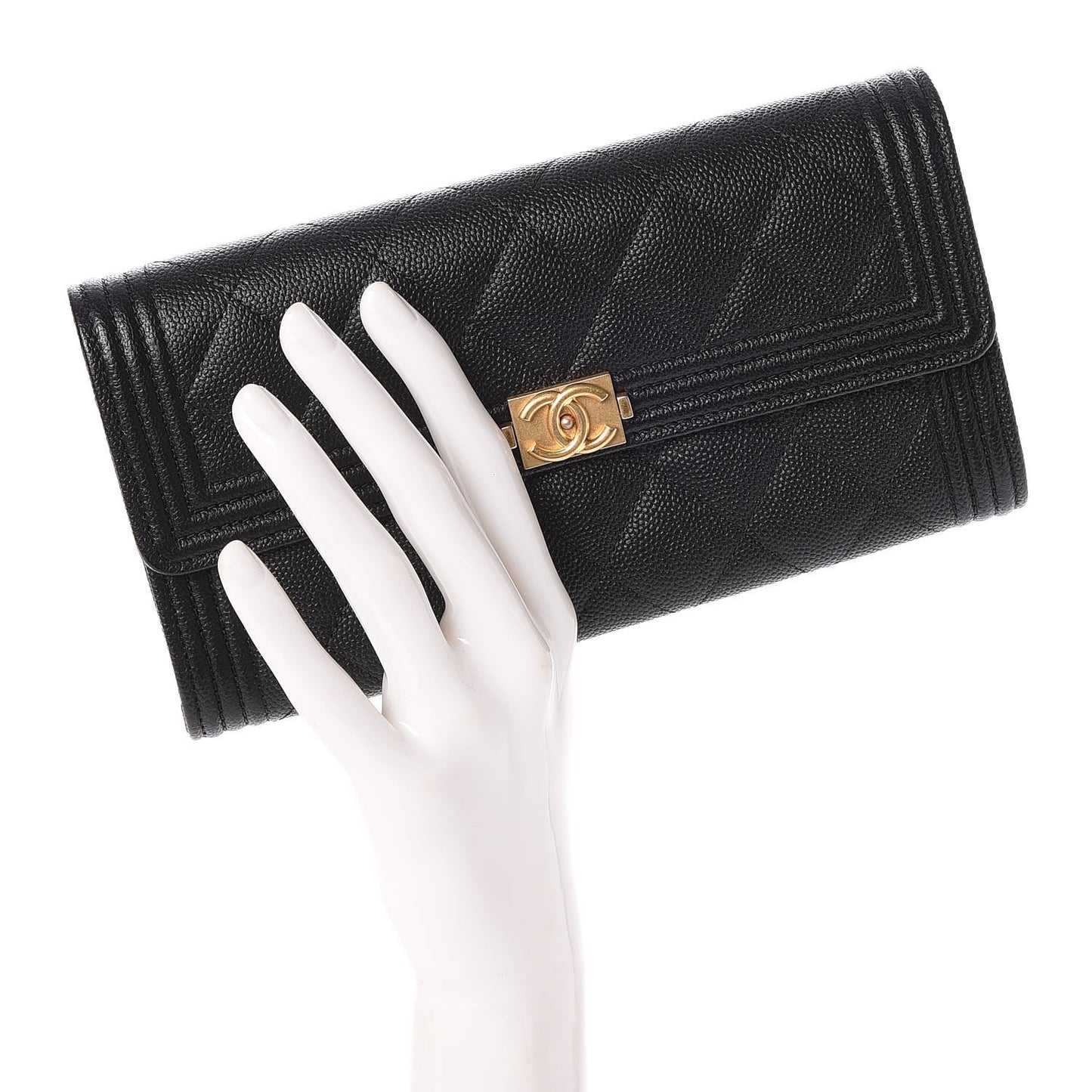 Caviar Quilted Large Boy Gusset Flap Wallet Black
