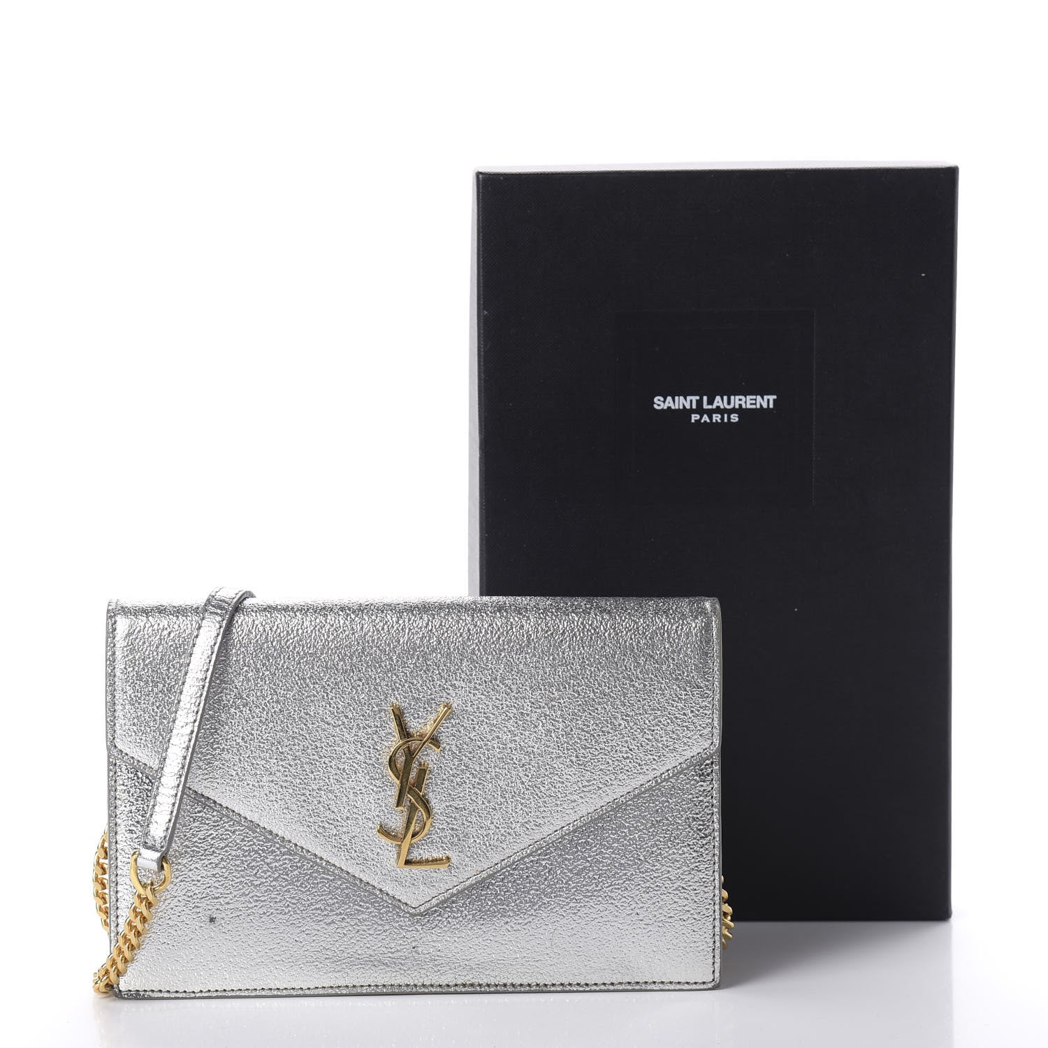 Saint Laurent Metallic Calfskin Monogram Envelope Chain Wallet Platine 12 of 12