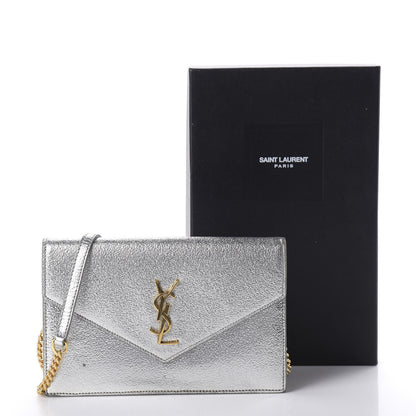 Saint Laurent Metallic Calfskin Monogram Envelope Chain Wallet Platine 12 of 12