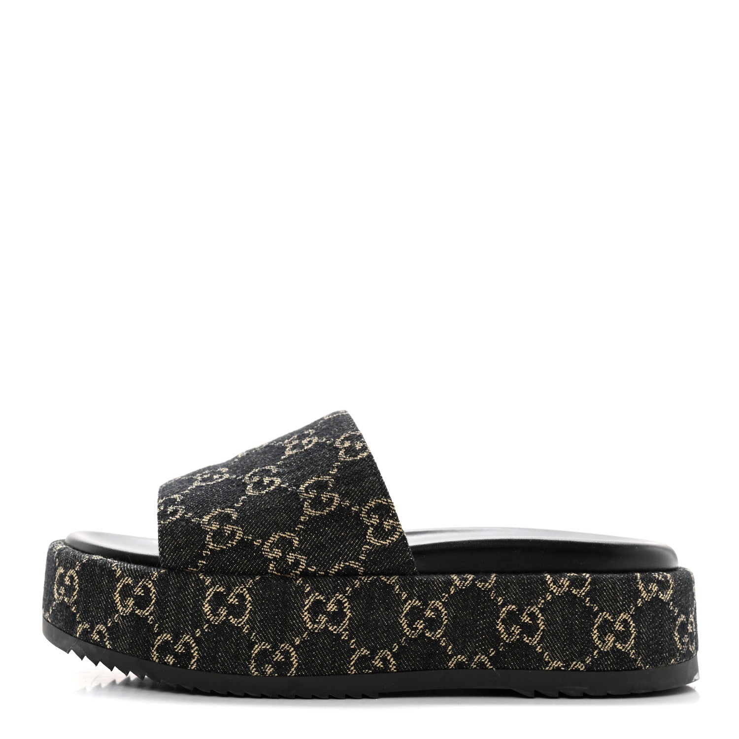 Gucci Jacquard Black Denim GG Monogram Angelina Platform 55mm Slide Sandals 38 Black Ivory 1 of 13