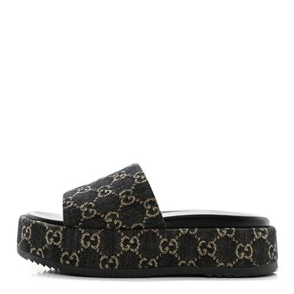 Gucci Jacquard Black Denim GG Monogram Angelina Platform 55mm Slide Sandals 38 Black Ivory 1 of 13