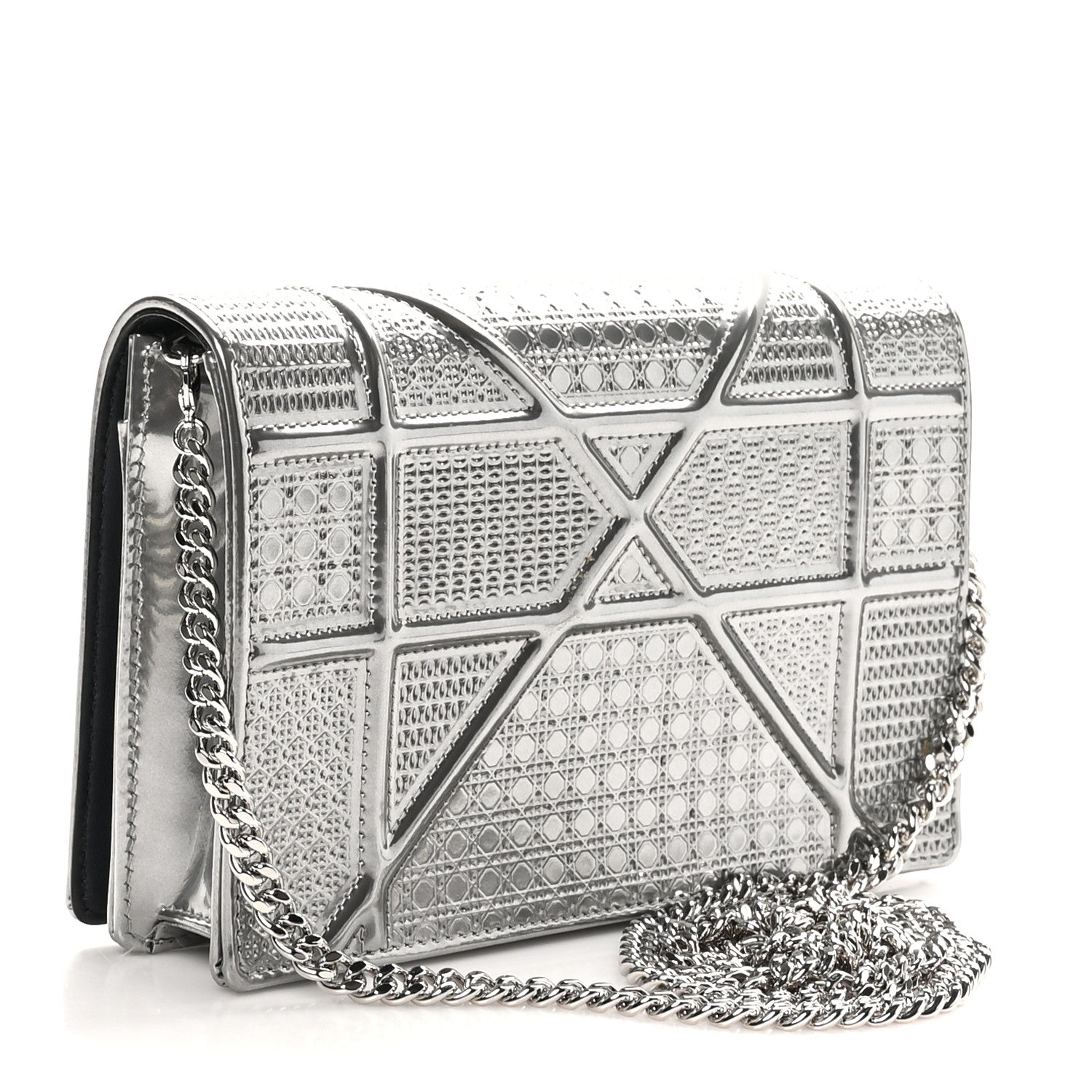 Christian Dior Metallic Patent Micro-Cannage Diorama Wallet on Chain Pouch Silver 3 of 9