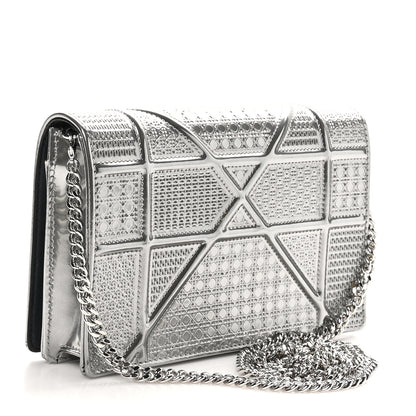 Christian Dior Metallic Patent Micro-Cannage Diorama Wallet on Chain Pouch Silver 3 of 9