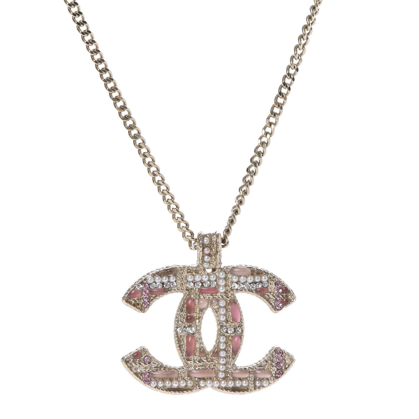 Resin Crystal Pearl Tweed Effect CC Necklace Gold Pink
