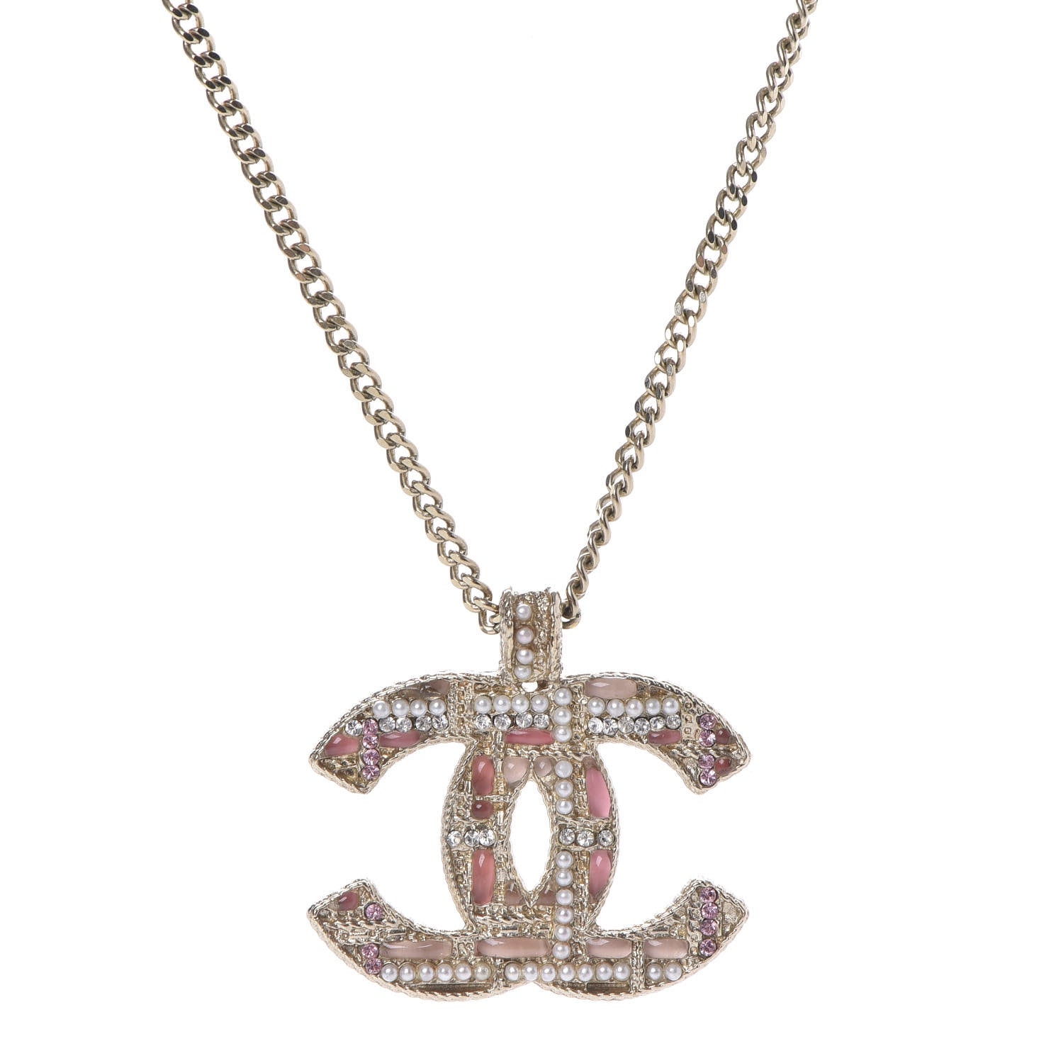 Chanel Resin Crystal Pearl Tweed Effect CC Necklace Gold Pink 4 of 5