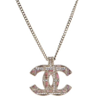Chanel Resin Crystal Pearl Tweed Effect CC Necklace Gold Pink 4 of 5