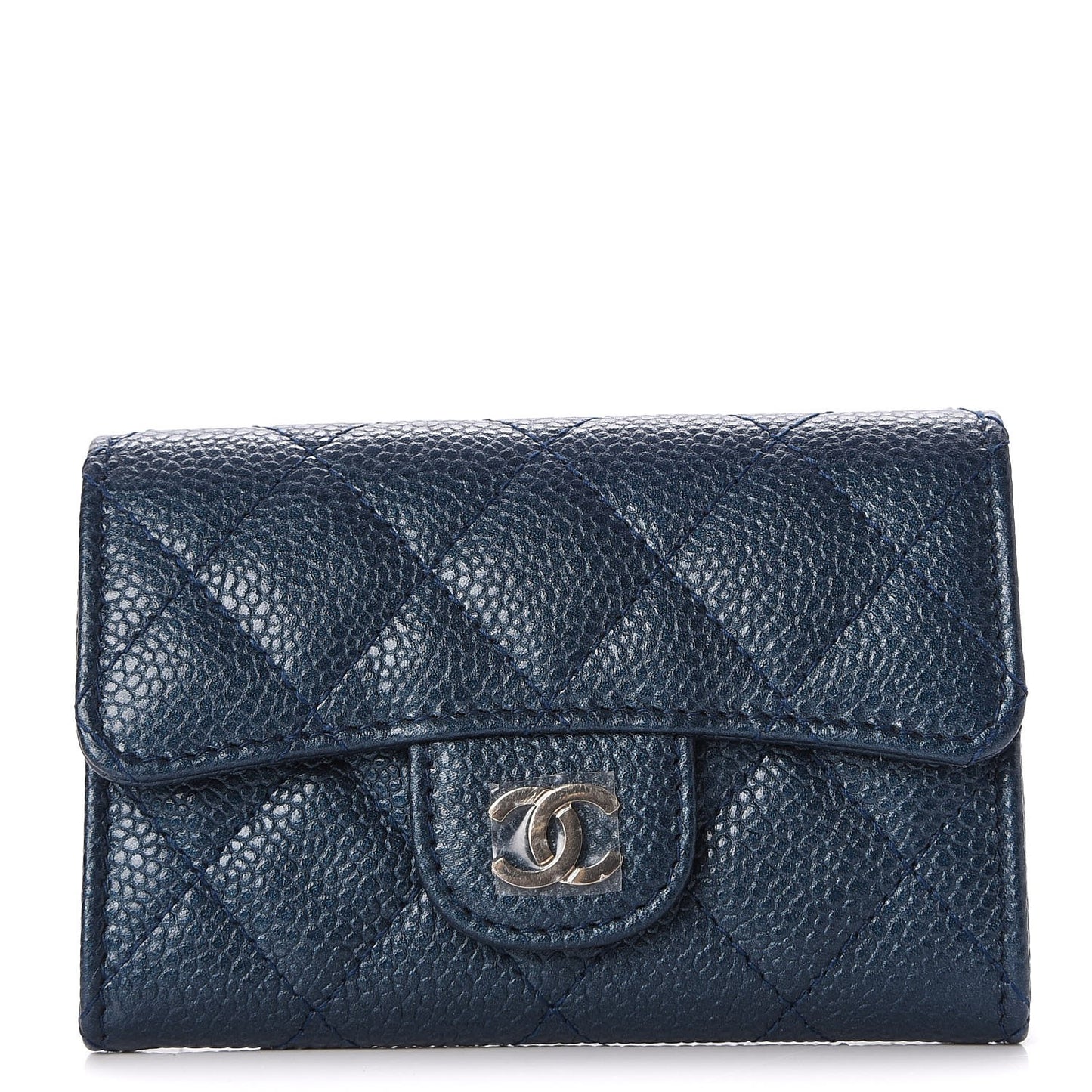 Metallic Caviar Quilted Card Holder Dark Blue