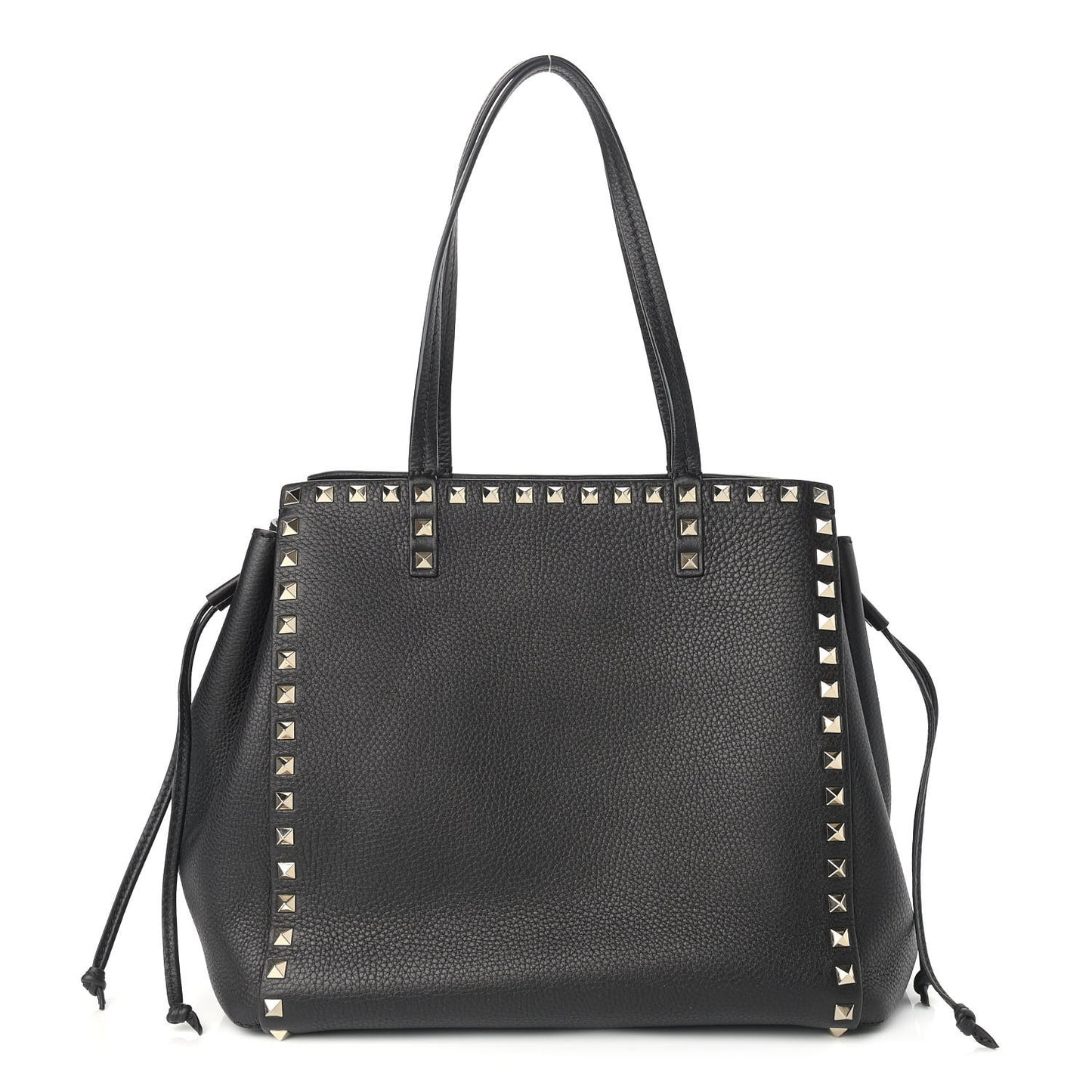 Grained Calfskin Rockstud Double Handle Cinch Tote Black