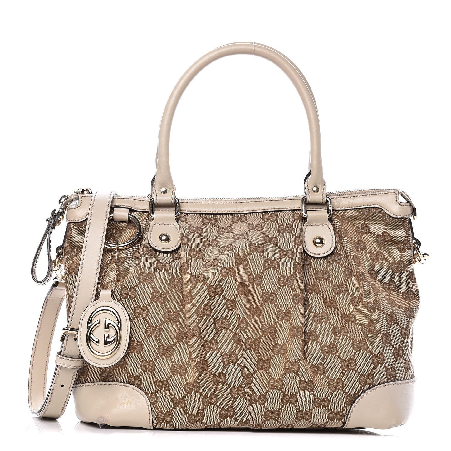Monogram Margaux Calfskin Medium Sukey Top Handle Bag Beige Ebony Mystic White
