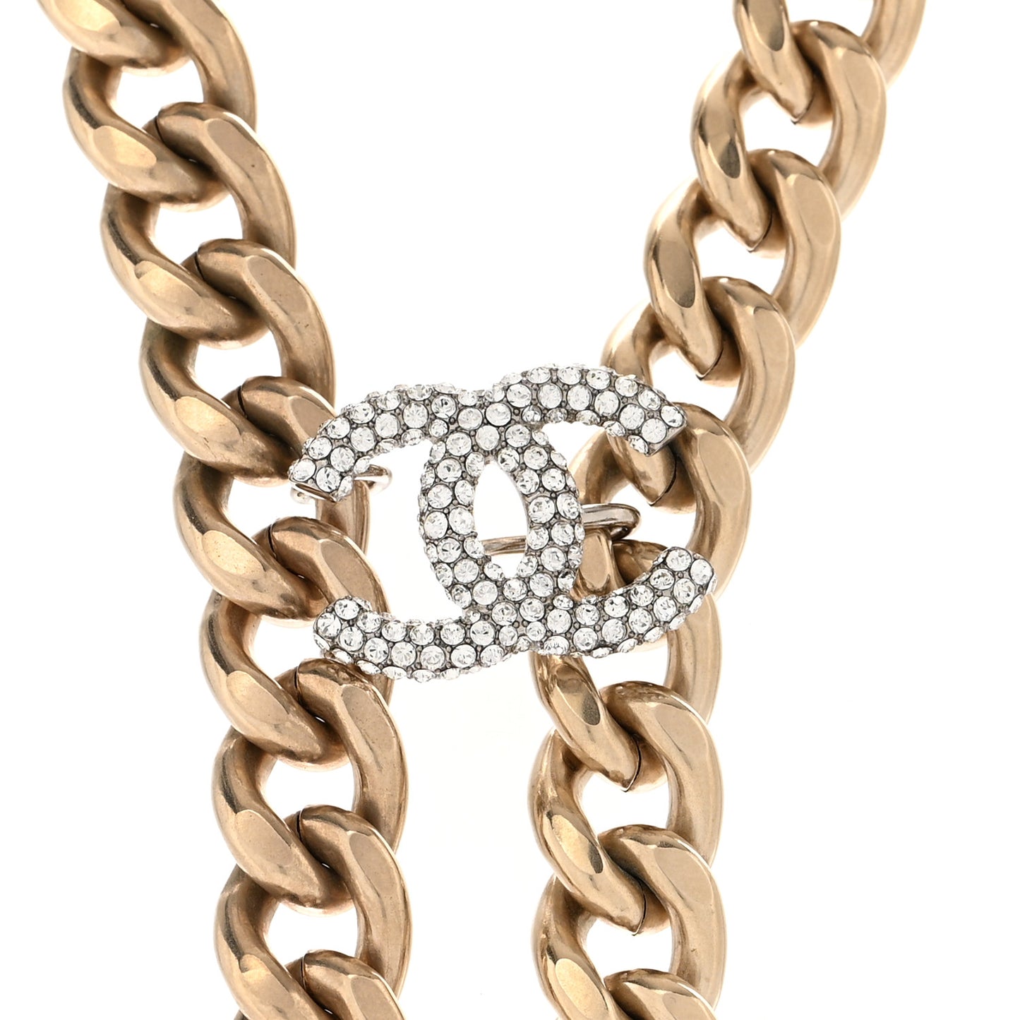 Chain Link Crystal CC Dog Tag Charm Necklace Gold