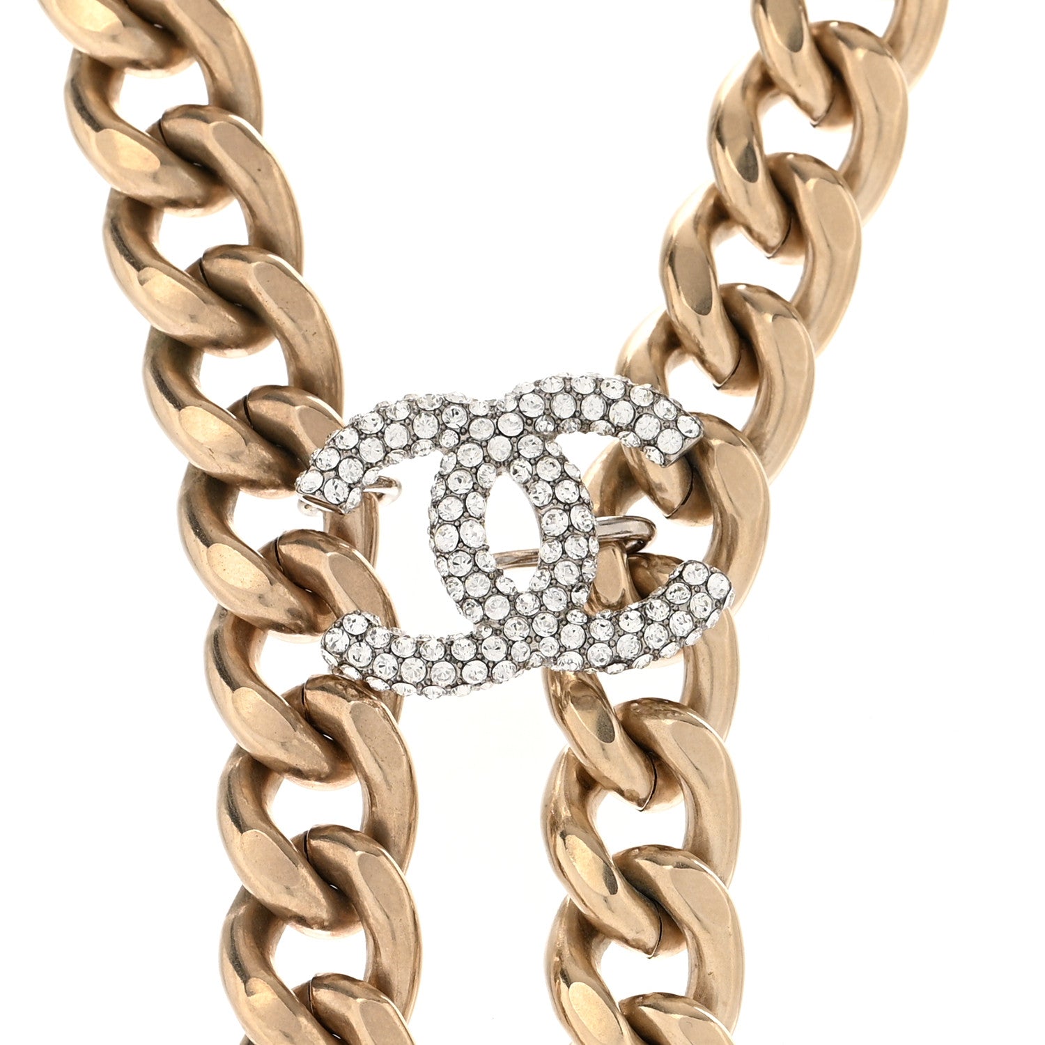Chanel Chain Link Crystal CC Dog Tag Charm Necklace Gold 4 of 5