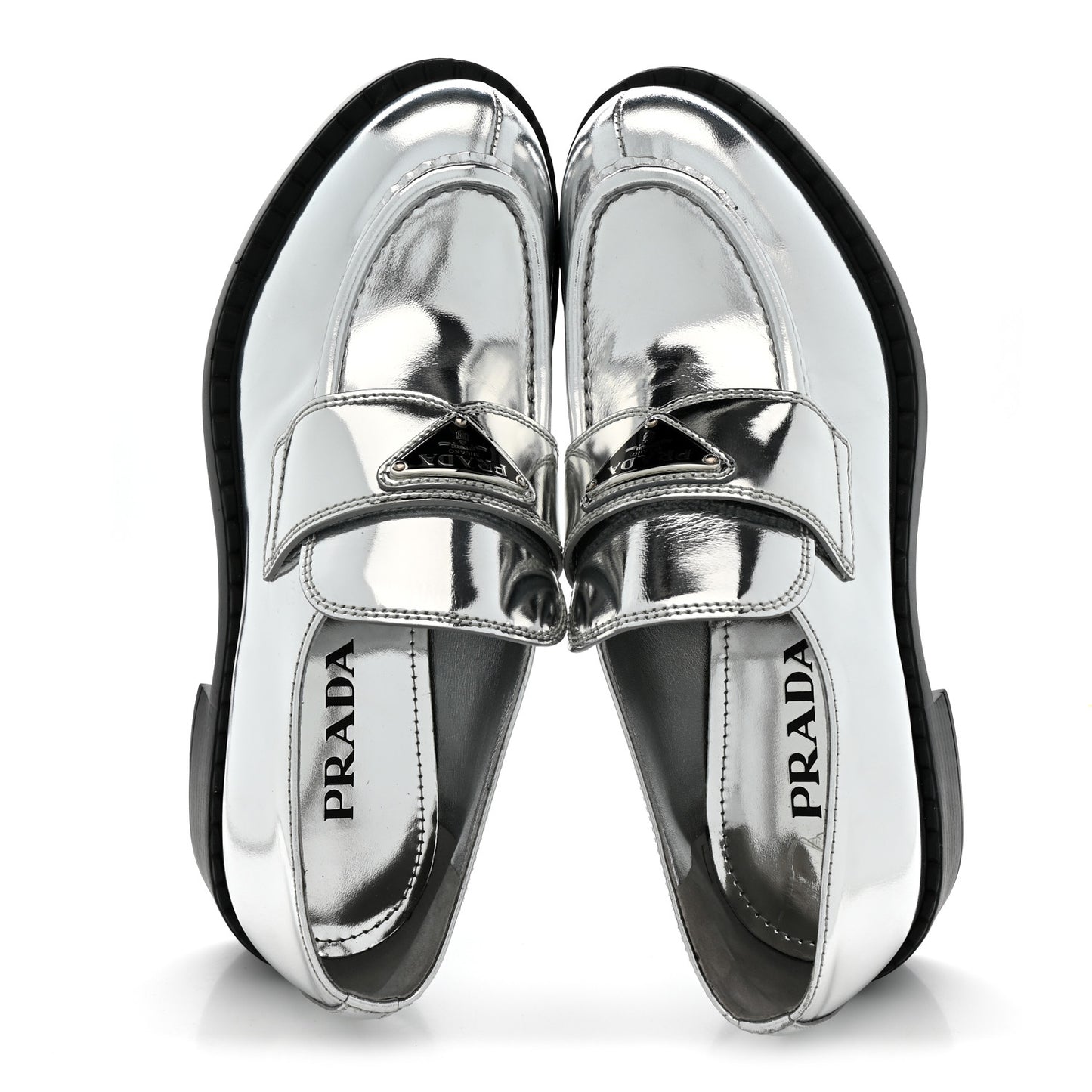 Metallic Brushed Calfskin Metal Triangle Logo 50mm Loafers 39 Argento