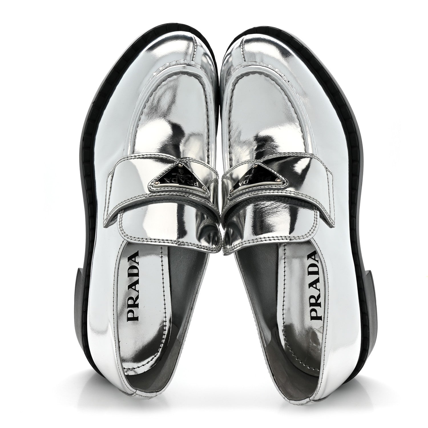 Prada Metallic Brushed Calfskin Metal Triangle Logo 50mm Loafers 39 Argento 2 of 10