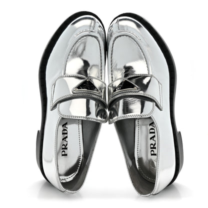 Prada Metallic Brushed Calfskin Metal Triangle Logo 50mm Loafers 39 Argento 2 of 10
