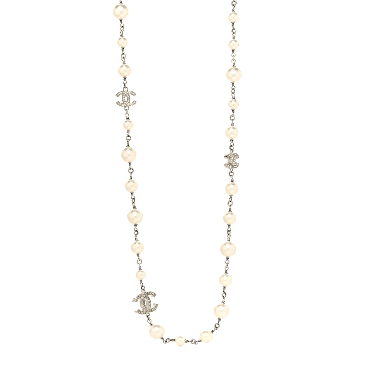 Graduated Pearl Crystal CC Long Necklace Silver