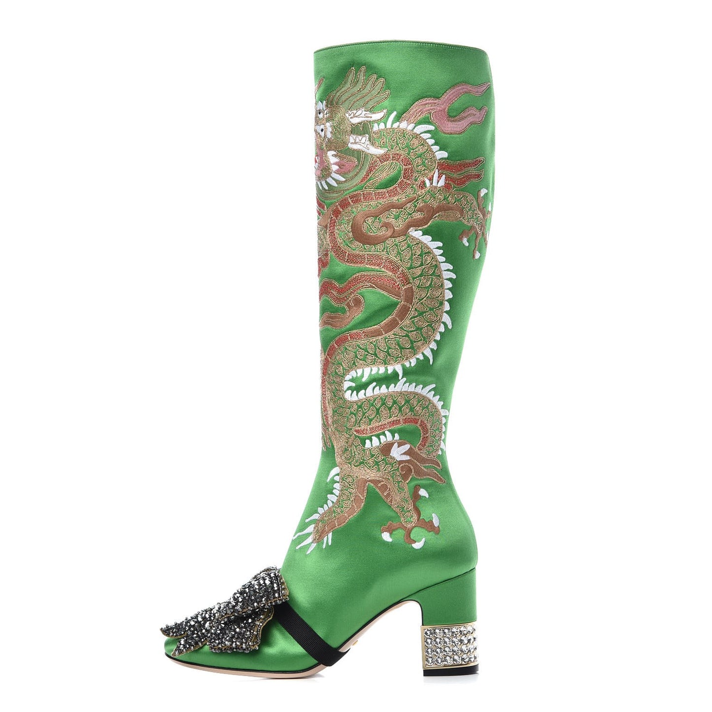 Silk Satin Malaga Kid Embroidered Candy Dragon Block-Heel Knee Boot 37 Palm