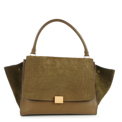 Celine Nubuck Crocodile Embossed Large Trapeze Olive 1 of 8